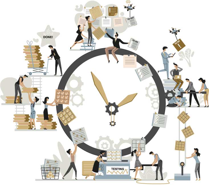 Zeitarbeit - Arbeitnehmer arbeiten Zeit symbolisch an der Uhr ab